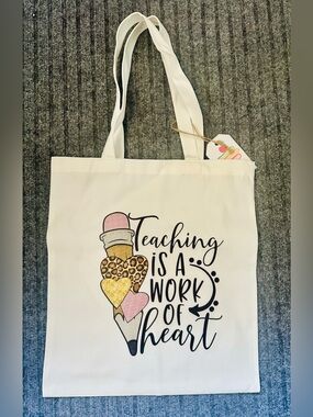 New - “Teaching Is A Work Of Heart” Canvas Tote - Pencil & Hearts Graphic Bag